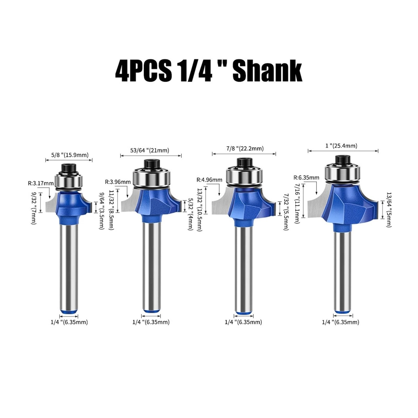 1/4szt. Chwyt calowy 6mm Niebieski okrągły zestaw frezów Wiertła z węglików spiekanych do obróbki drewna(4Pcs 6.35mm Shank)