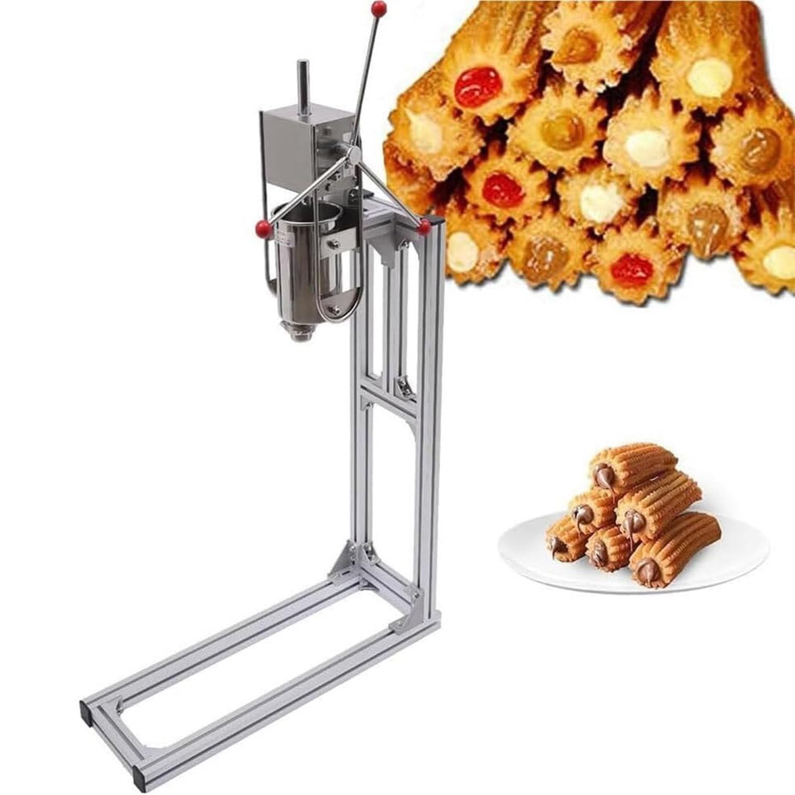 Máquina de llenado de masa de churro comercial, manivela de acero inoxidable con 6 boquillas, soporte en forma de L para panadería, 7 L