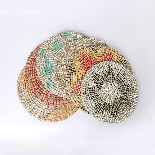 Miniatura 6 de Cesta de pared bohemia, cestas planas tejidas de hierba marina, cesta redonda de mimbre de hierba bohemia, cesta de pared tejida colgante para sala