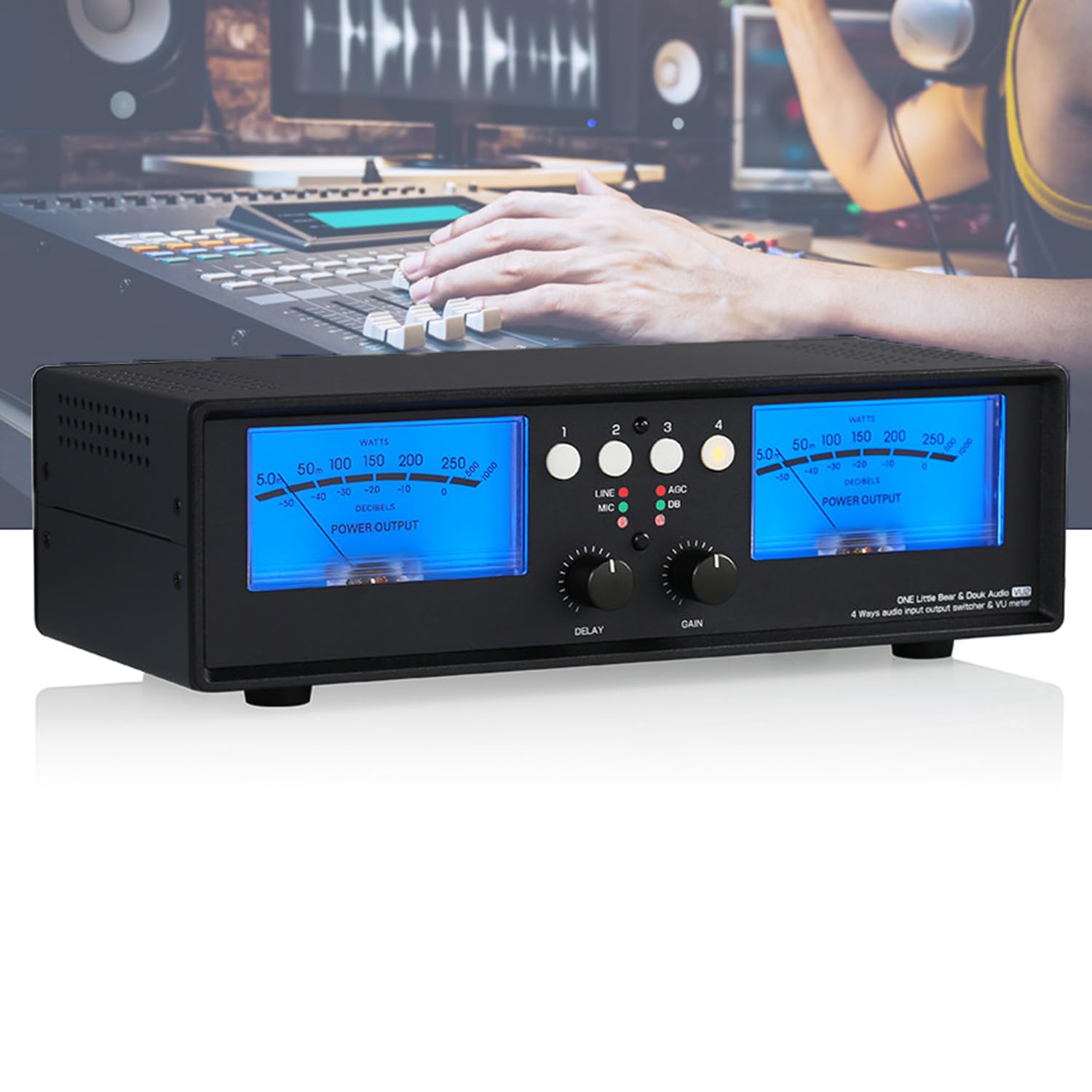 Caja de conmutación divisora de audio, salida 4 en 1 con control remoto, medidor dual VU, soporta modo DB y modo ACG para sistemas de sonido de estudio en casa y oficina