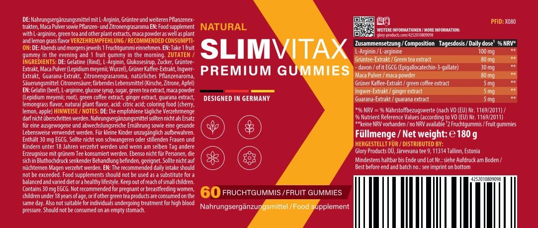 Slimvitax Premium Gummies | mit L-Arginin und Grüntee | in großer Maxi-Dose | 60 Gummies Inhalt