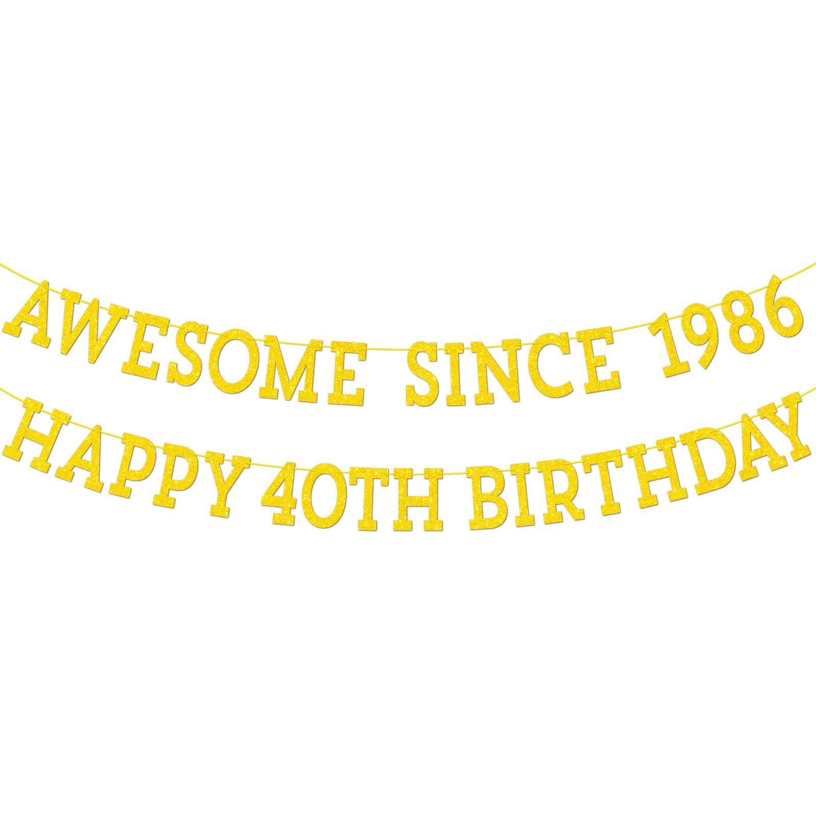 Awesome Since Banner, Gold Glitter Birthday Decorations, Adults Sparkling Milestone Party Decor Banner for Man and Women Happy Birthday and Anniversary Party Supplies (40th birthday banner)