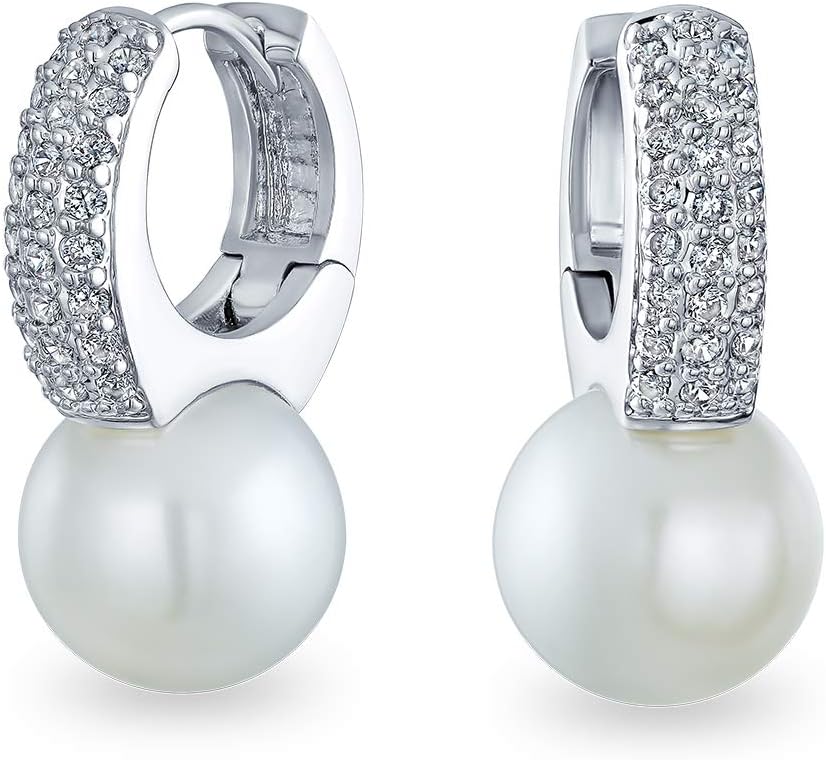 Elegant Bridal Modern CZ Pave Encrusted White Simulated Pearl Mini Hoop Drop Huggie Earrings For Women Wedding Silver Plated