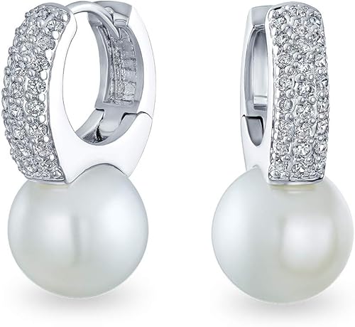 Elegant Vintage Bridal Jewelry - Milgrain Crown Pave CZ Half Mini Hoop White Glass Ball Pearl Drops Earrings for Women with Omega Back, Exquisite