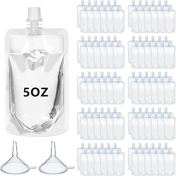 100 Pcs Plastic Pouches Bulk Clear Juice Bags Squeeze Pouches Plastic Leak Proof Bags with Funnel for Party Favors 5 oz