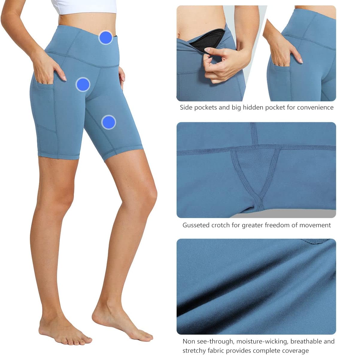 baleaf Women's 8" High Waist Biker Workout Yoga Running Compression Exercise Shorts Side Pockets Niagara L