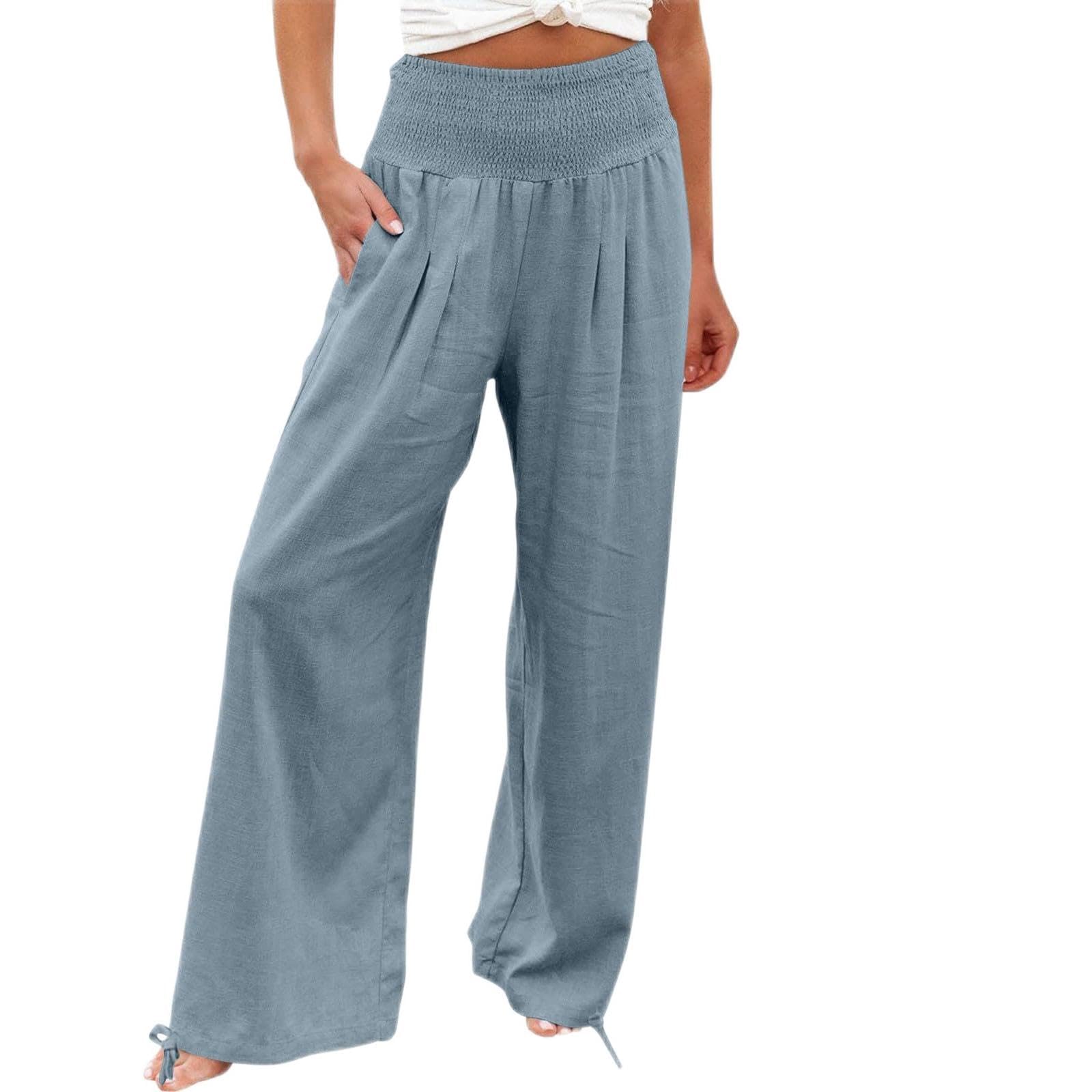 Womens Linen Pants 2026 Summer Beach Vacation Boho Wide Leg Pants Fashion High Waist Casual Flowy Palazzo Trousers — view 11