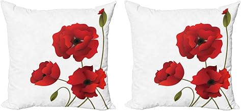 ABAKUHAUS Floral Set of 2 Cushion Covers, Poppy Pastoral Flower Art, Double-Sided Digital Printing with Zipper, 45 x 45 cm, Green Red