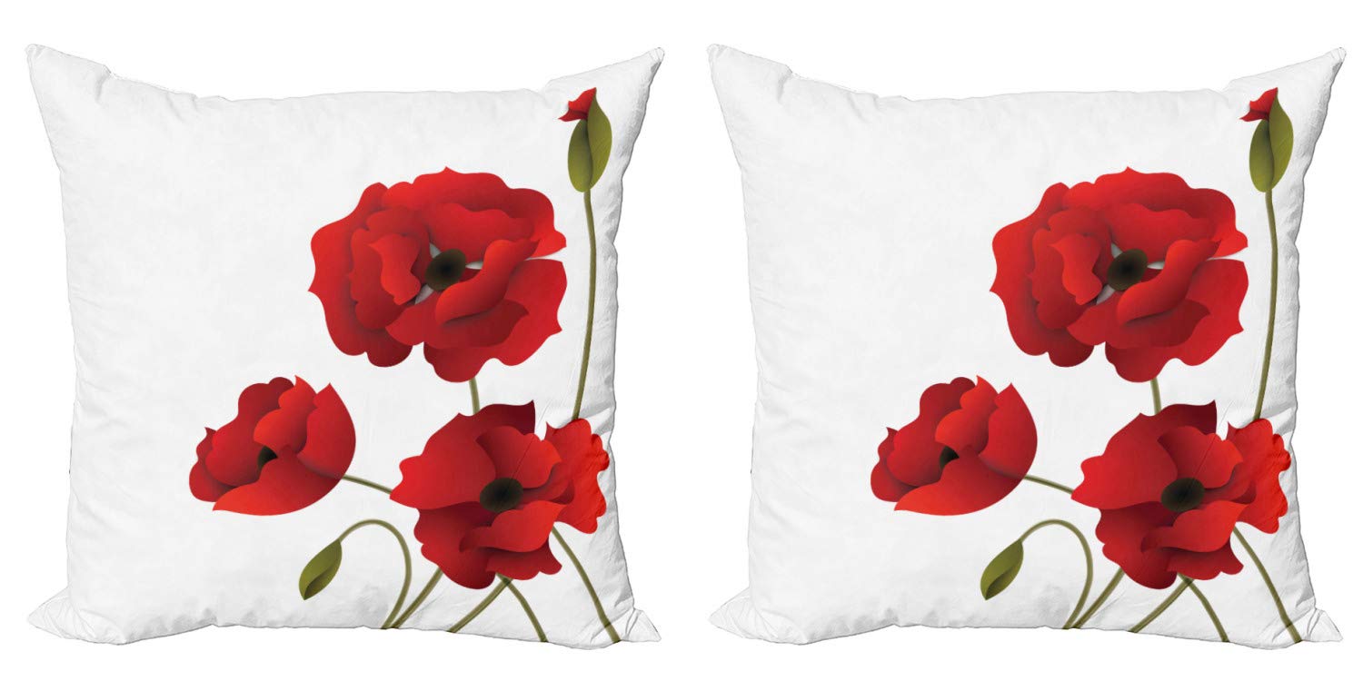 ABAKUHAUS Floral Set de 2 Fundas para Cojín, Amapola Arte de Las Flores Pastoral, con Estampado en Ambos Lados con Cremallera, 60 cm x 60 cm, Rojo y Verde