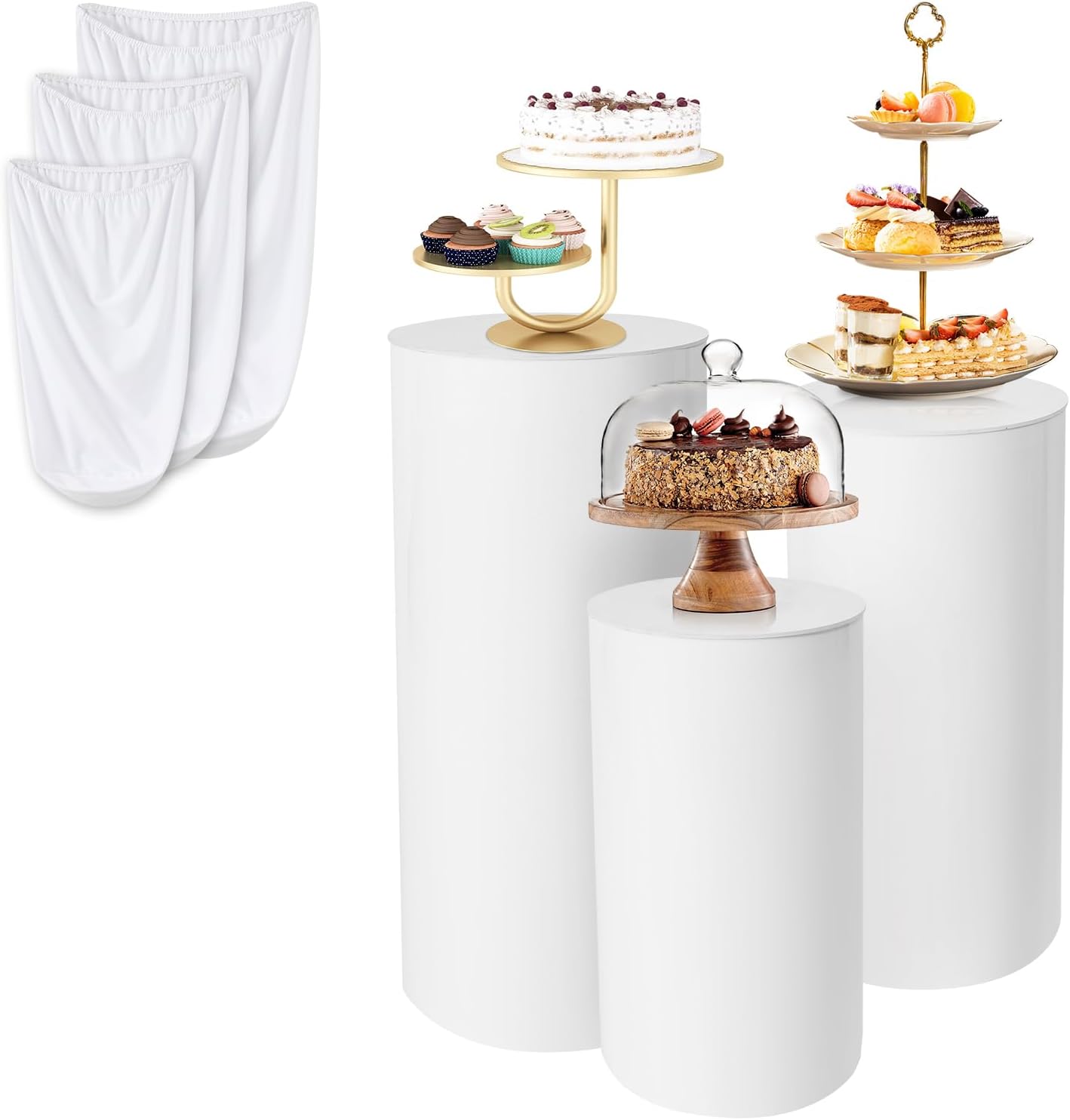 3Pcs Cylinder Stands for Party White Round Pedestal Stand (with 3pcs Spandex Cloth Cover) for Birthday Wedding Party Outdoor Indoor Decor (White).