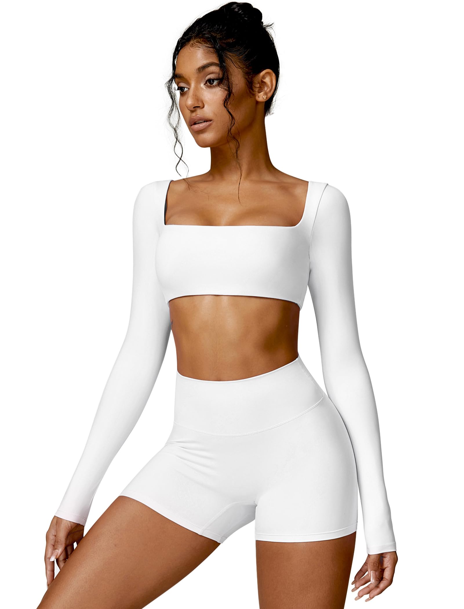 ABOCIW Women Square Neck Long Sleeve Workout Crop Top Low Medium Impact Athletic Yoga Gym Shirts with Built in Bra(ONLY TOP)