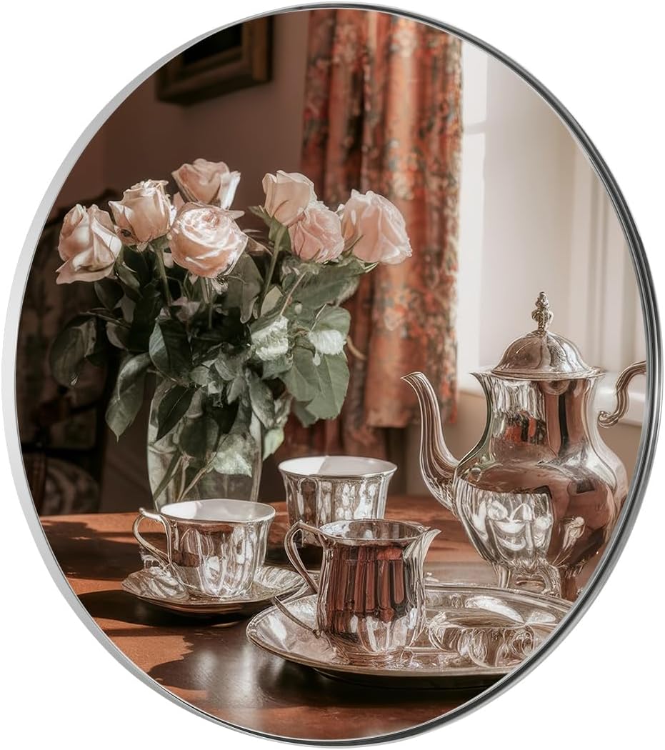 ANDY STAR Round Bathroom Mirror, 24’’ Polished Chrome Round Bathroom Mirrors in Stainless Steel Metal Frame 1" Deep Set Design 7 Chrome 24"L x 24"W