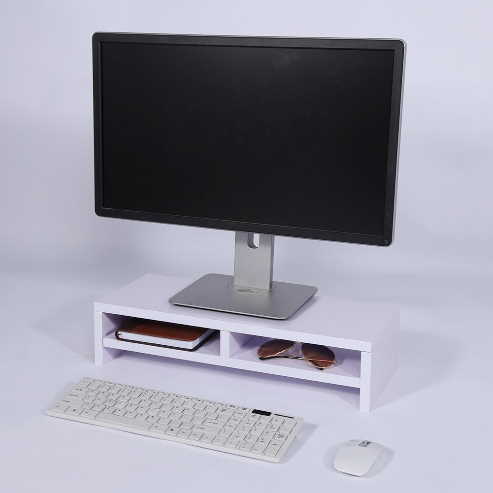 Greensen Supporto per Monitor in Legno Rialzo 2 Livelli Supporto per Computer Ergonomico Bianco per Stampante Portatile Organizzatore da Scrivania per PC Gestione Cavi 50 X 20 X 11,7 Cm