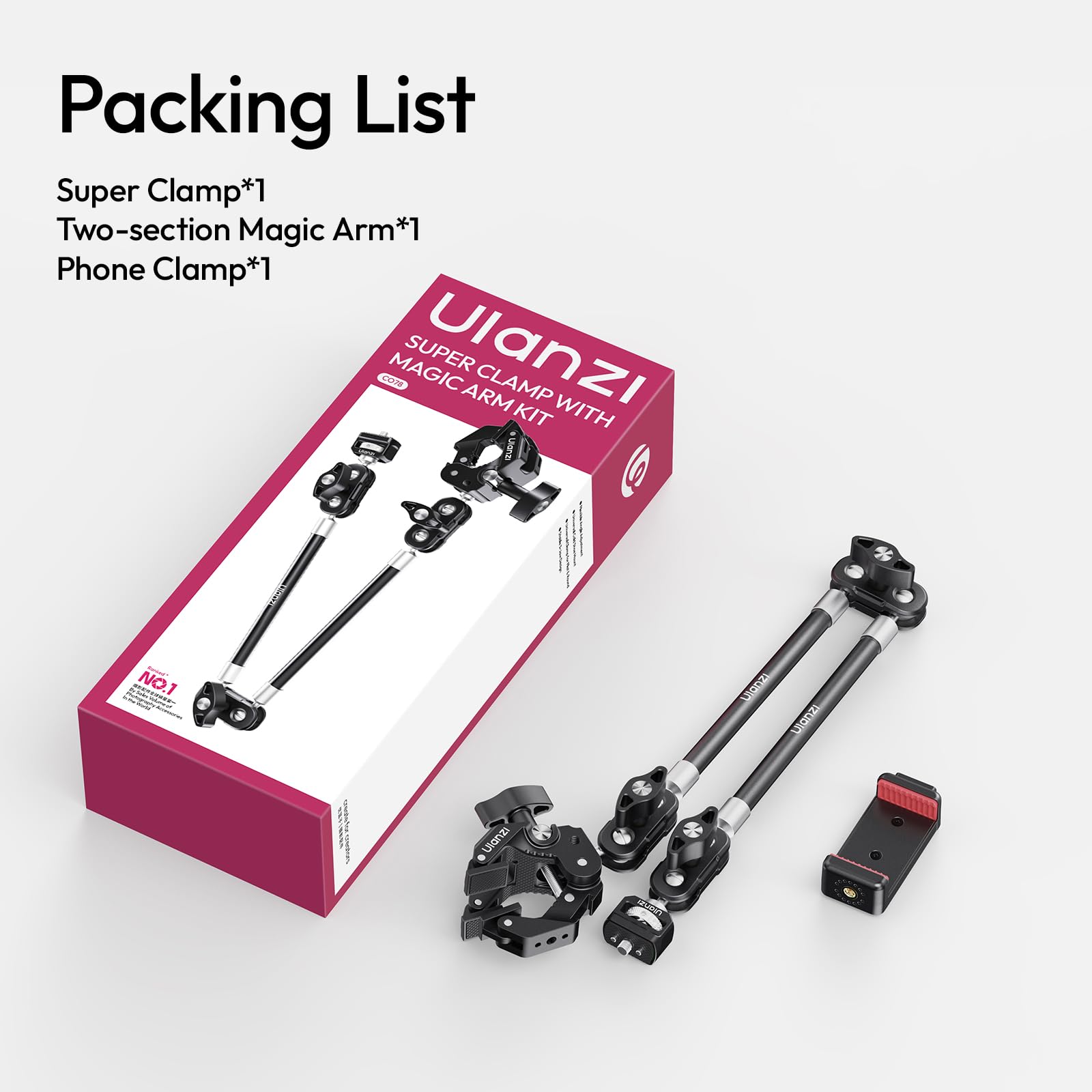 ULANZI CO78 Bras Magiques à Super Clamp avec Rotule 360°, Trépied à Pince avec Positionnement 1/4" & Arri, Support de Téléphone avec Sabot Froide & Filetage 1/4" pour iPhone/Lampe/Caméras d'action