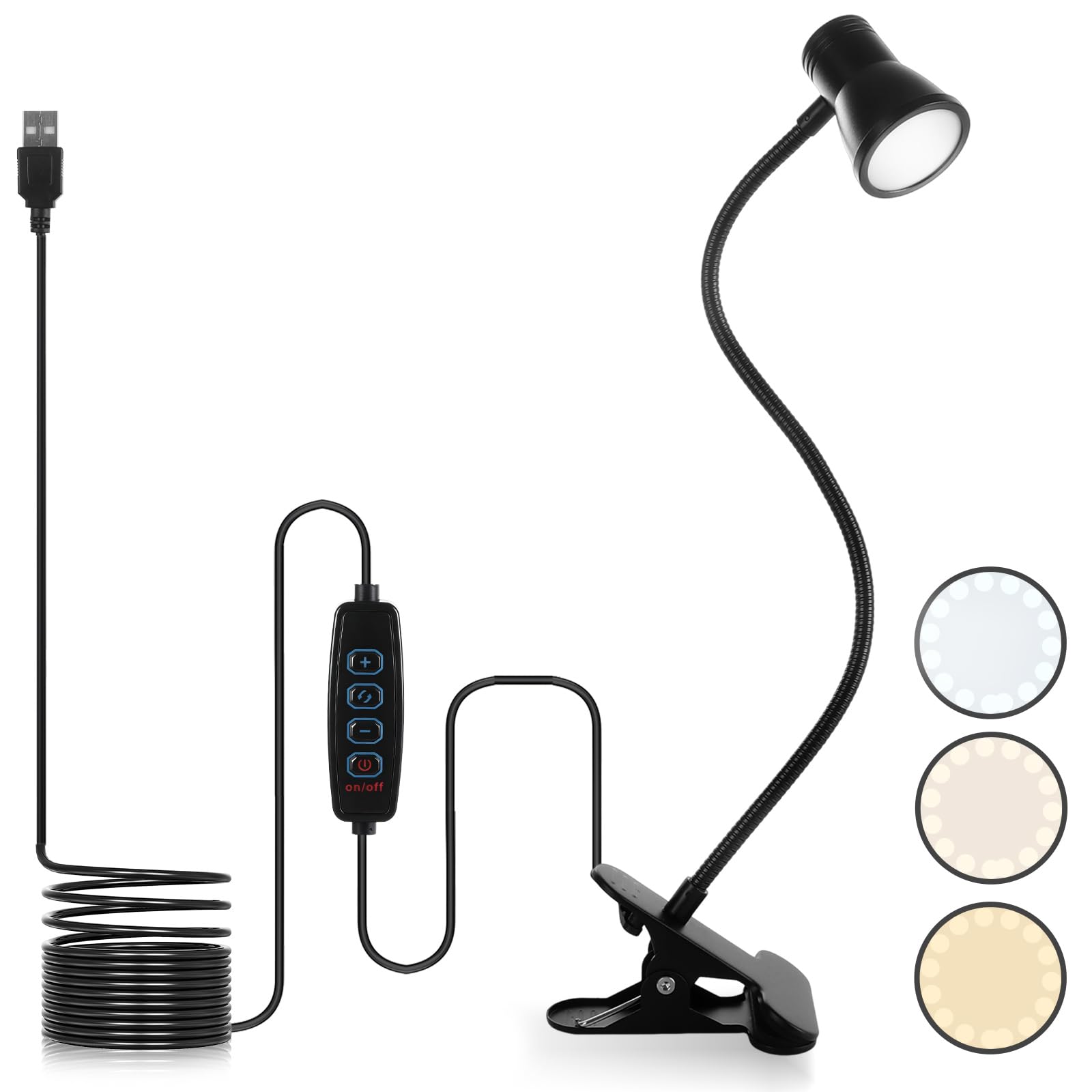 Lychico Clip On Desk Lamp, USB LED Reading Light with 3 Colour Modes & 10 Brightness Levels, Eye-Caring Flexible Gooseneck Lamp for Home Office, Bedroom, Study, Work & Dormitory