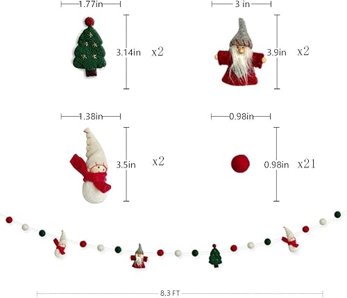 Miniatura 6 de pinkblume Guirnalda de Navidad de fieltro de lana, muñeco de nieve de lana, árbol de Navidad, bandera de Papá Noel, guirnalda de pompones,