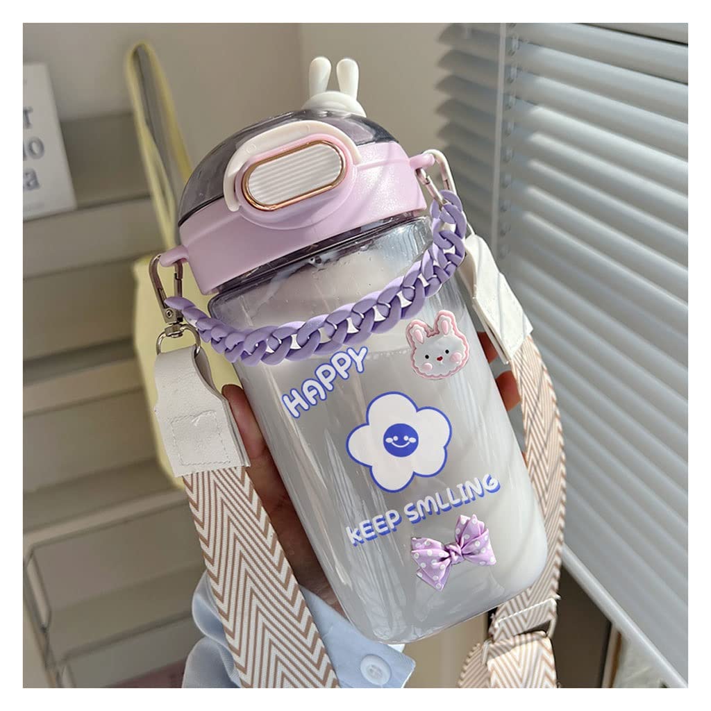 Wasserflaschen Trinkflasche Sportflasche Große Kapazität Wasserflasche Outdoor Sports mit Strohband Kreativen Niedlichen Aufkleber Tragbare Plastik-Trinkflasche Wasserflasche ( Color : E-purple , Size