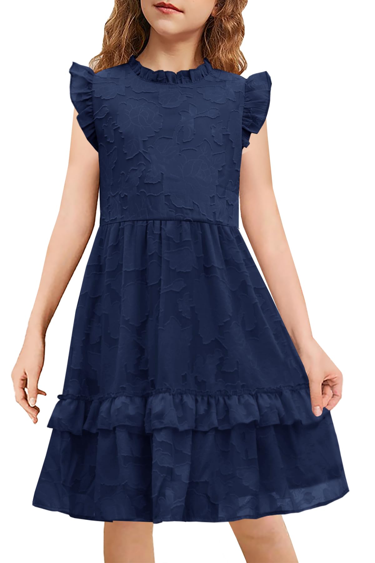 MITILLY Girls Summer Ruffle Dress Elegant Flutter Sleeve A Line Flowy Formal Party Mini Dresses with Pockets 6-13 Years