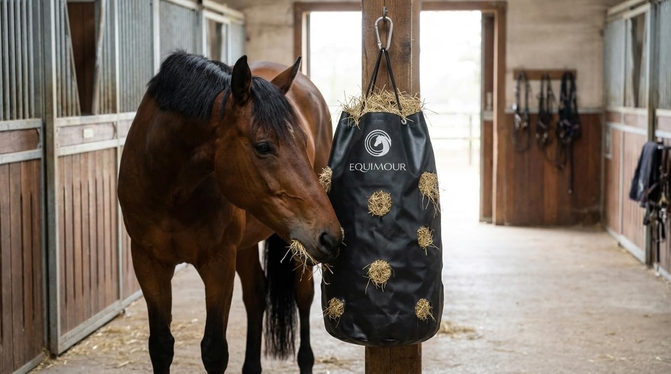 Hay Bag Sac à foin 195 l - Filet à foin pour chevaux avec mousqueton et sac de transport - Slow Feeder - Environ 10 kg de foin - Robuste et résistant aux intempéries