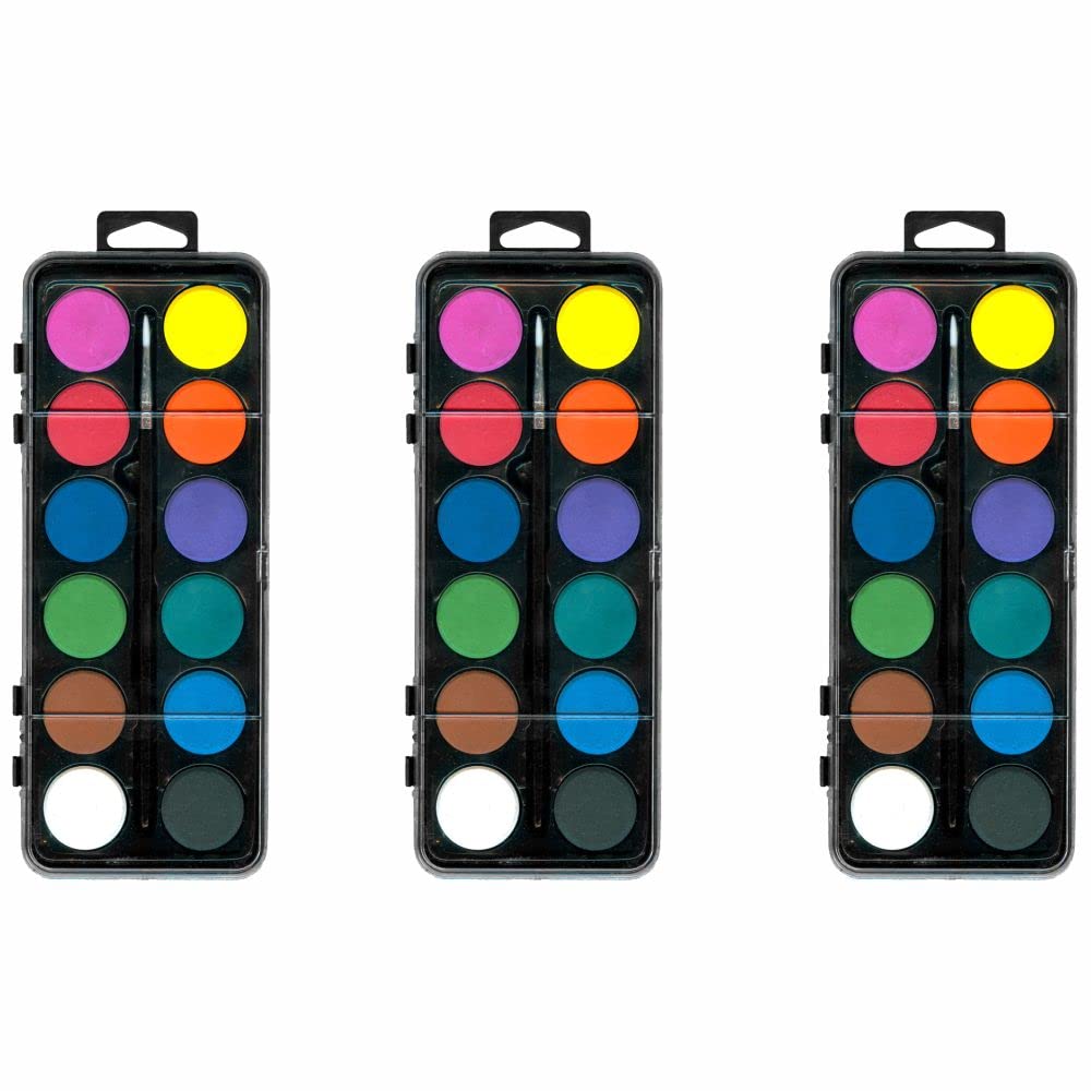 3 Ace Crafts 12-Disc Artist Watercolour Paint (Pack of 3) Set for Kids & Adults - Ready Mixed Paint, Professional Vibrant & Safe Colours, Transparent Lid with Wells for Paint Mixing, Water Art Paints