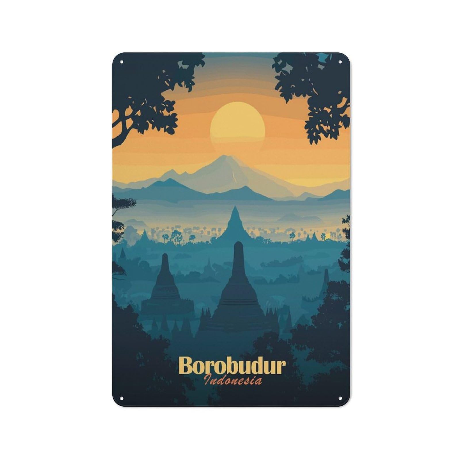 Modern Vintage Borobudur Temple Sunset Office Metal Sign 30x20cm, Creative Space Decor for Hobby Room, Office, Lounge Or Living Room