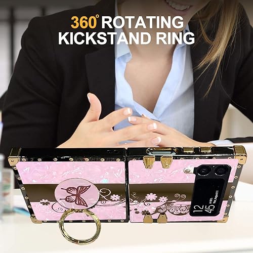 Miniatura 4 de B-wishy Funda de TPU para Samsung Galaxy Z Flip 4 con soporte de anillo, remache cuadrado para niñas y mujeres, cristal antigolpes, delgada, a