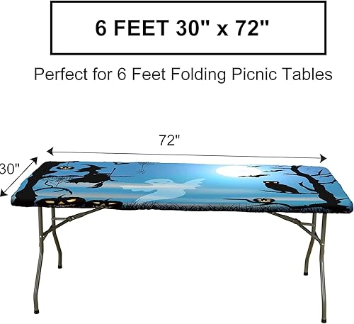 Miniatura 3 de RWNFA Mantel ajustable de fantasma de Halloween, diseño de calabazas y búhos azul y luna grande, borde elástico, mantel rectangular para picnic al