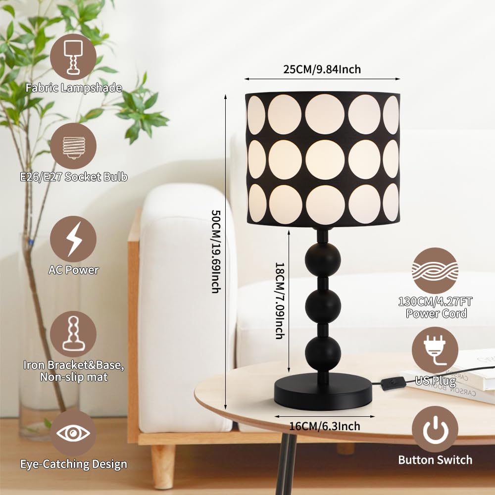 Lampada da Tavolo con Sfere Bianche e Nere, Paralume in Plastica con Motivo a Pois, Diametro 25 cm, Attacco E27, Lampadina non Inclusa
