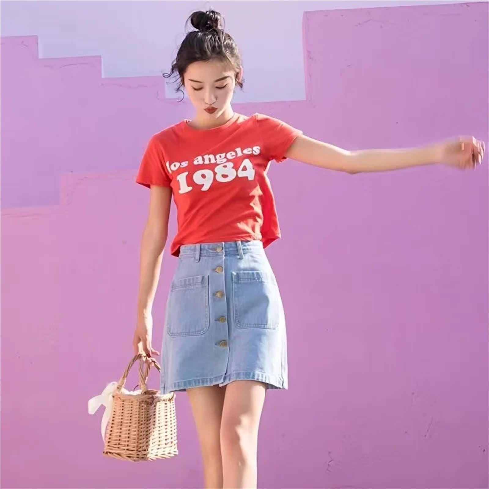 Falda Corta de Mezclilla Acampanada Cintura Alta for Primavera y Verano para Mujer
