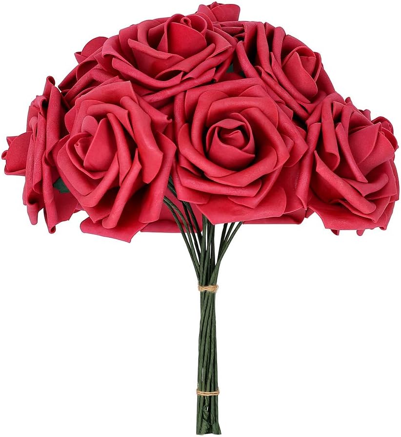 Febou Artificial Flowers, 50 pcs Real Touch Artificial Foam Roses Decoration DIY for Wedding Bridesmaid Bridal Bouquets Centerpieces, Party Decoration, Home Office Decor (Standard Type, Fuchsia)