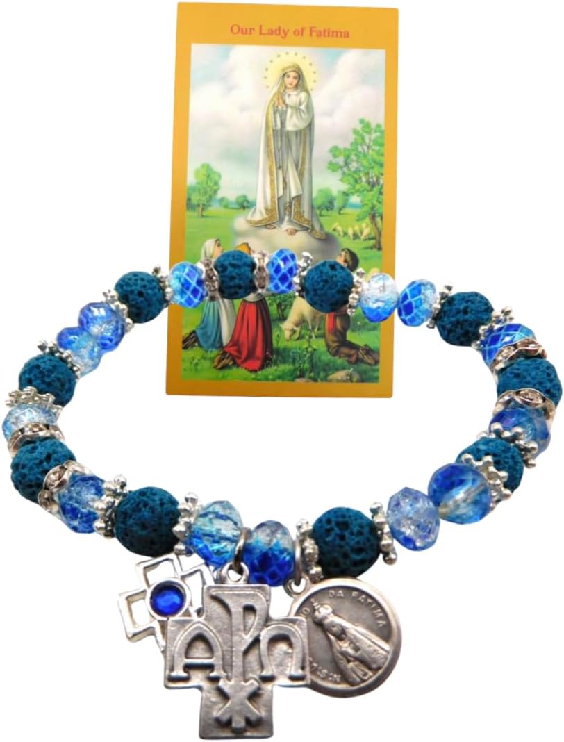 Westmon Works Our Lady of Fatima Bracelet Set Catholic Ladies Fashion Accessory with Glass and Resin Beads Metal Charms and Holy Prayer Card