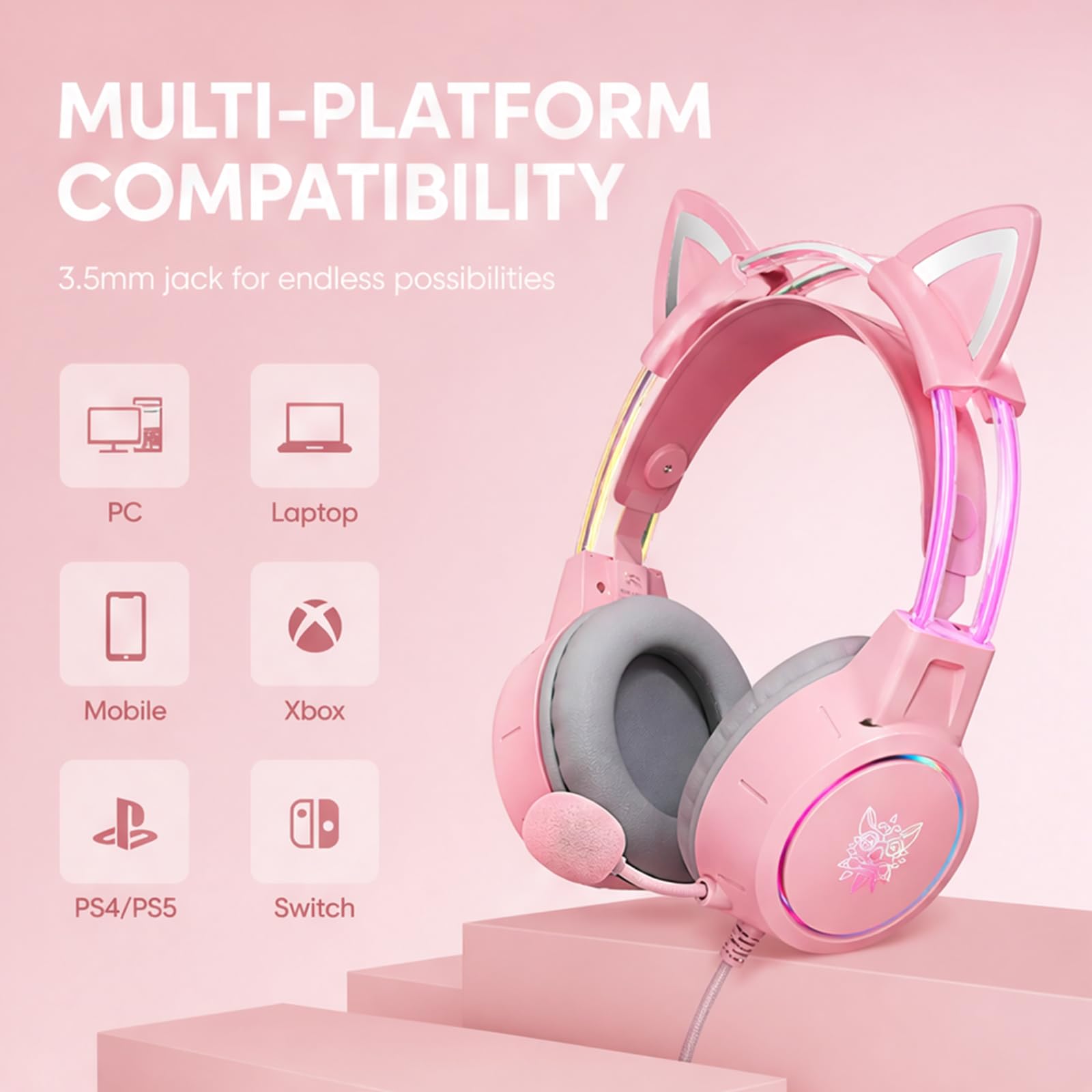 OHAANYY Cuffie Gaming Orecchie da Gatto, RGB Over-Ear 268g Microfono (50mm)