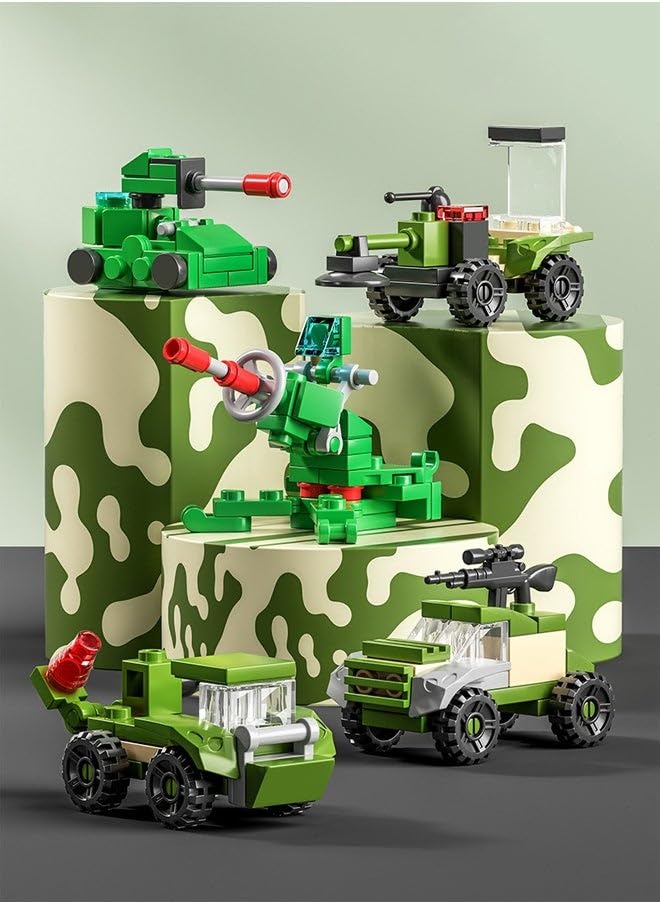 Assembled mini military vehicle models from Chocozone building blocks, including tanks and armed jeeps.