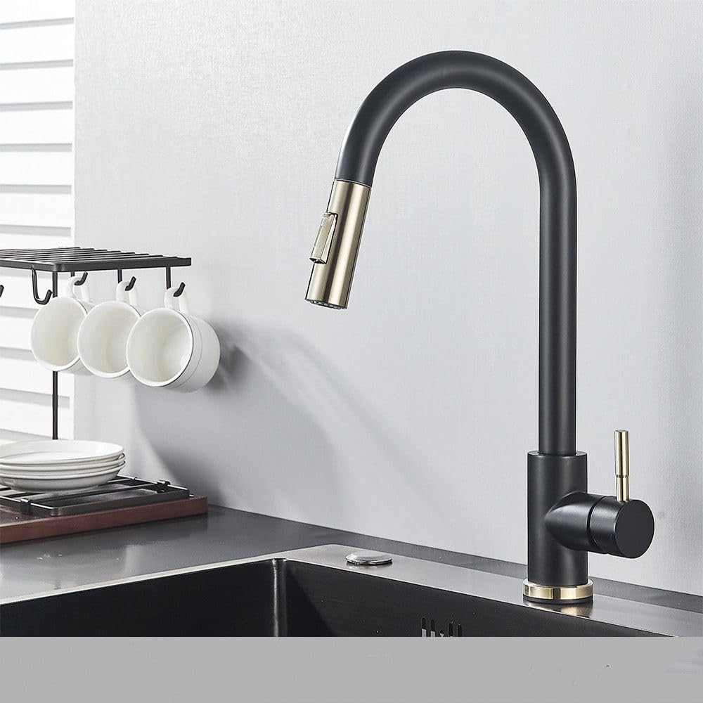 FCXWEVR Pull Out Gold Kitchen Faucet with Touch Control - Sensitive Sensor Mixer Tap Black Gold Finish Stylish Kitchen Faucet for Effortless Water Control Easy Installation