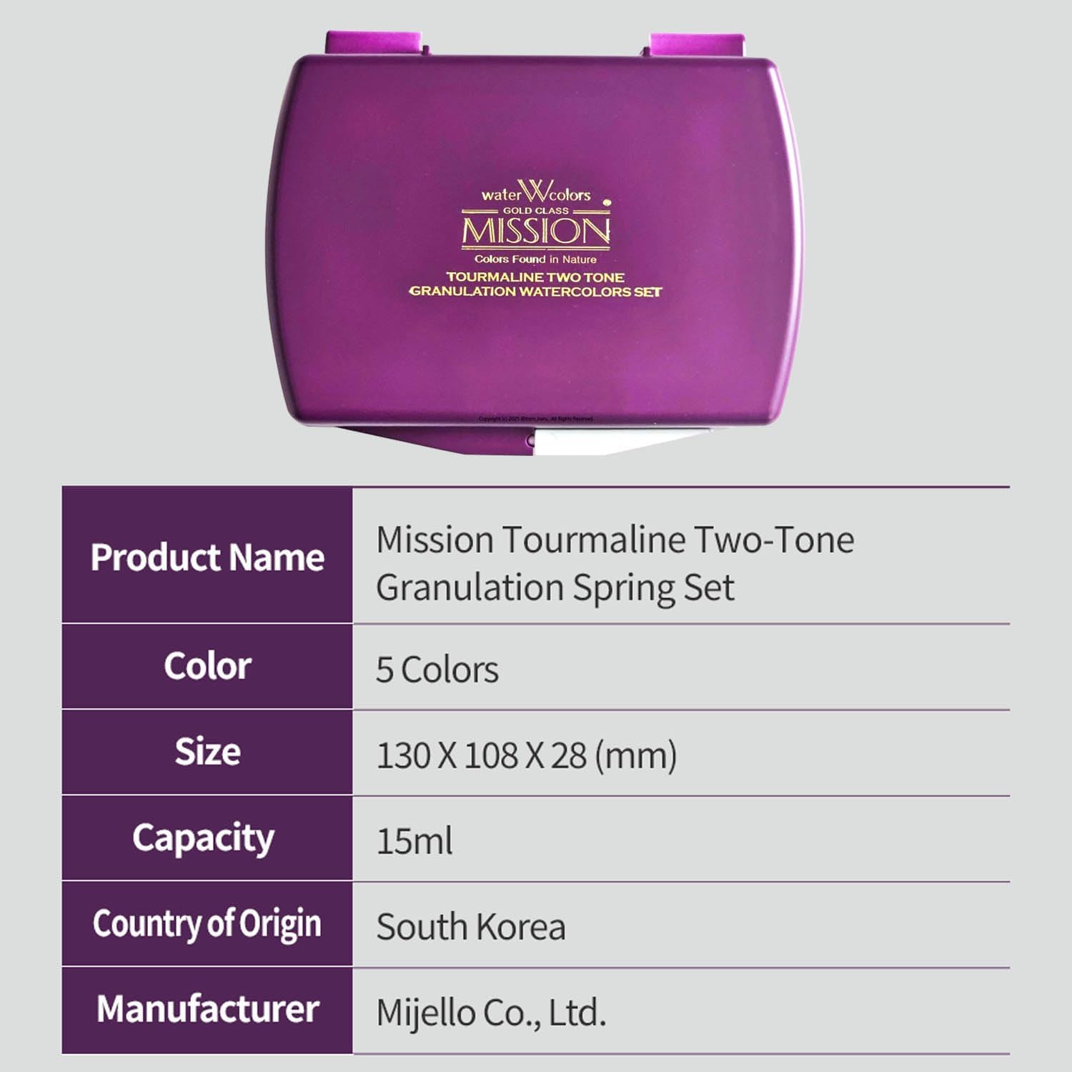 Mijello Mission Tourmaline Two-Tone Granulation Water Color Paint Unique texture Color retention Good Pigmentation for dramatic effect Art work & Craft_MGC-0405S_5 Colors (Spring) Set