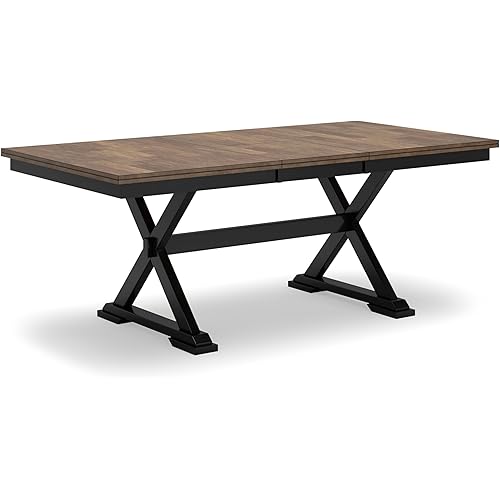 Signature Design by Ashley Wildenauer Farmhouse Dining Extension Table with Self-Storing Butterfly Leaf for 6-8 People, Black & Dark Brown