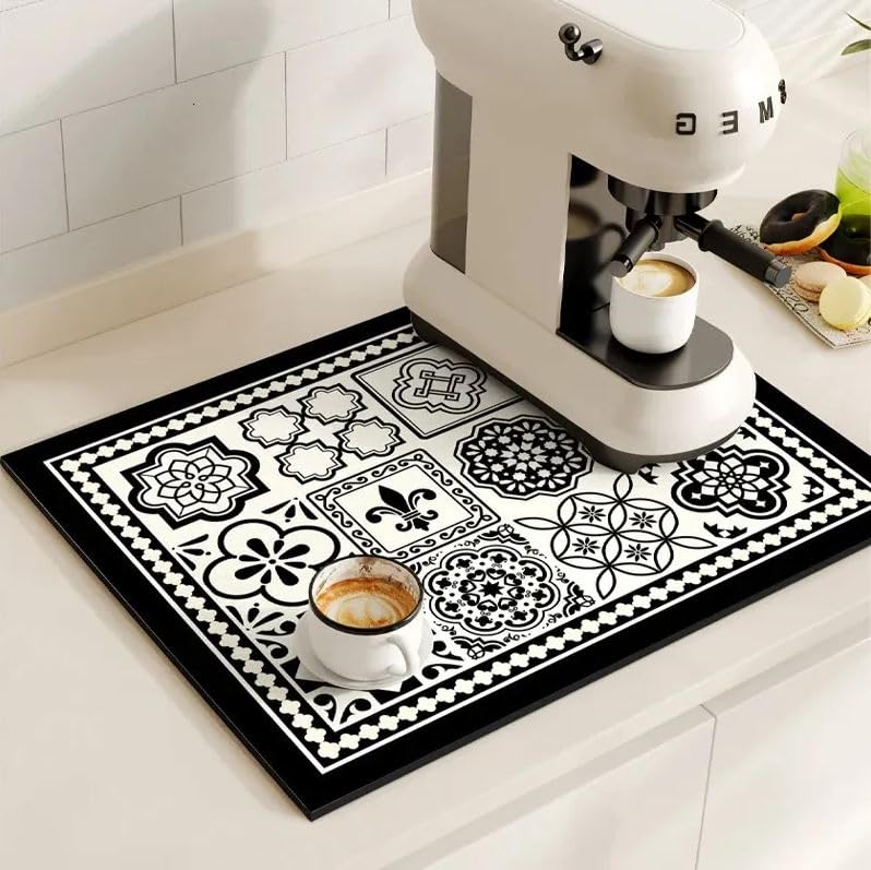 Image of Dratal Coffee Mat for Espresso Machine Station Accessories and Organizer, Hide Stain Rubber Backed Absorbent Dish Drying Pad for Kitchen Counter. (White)