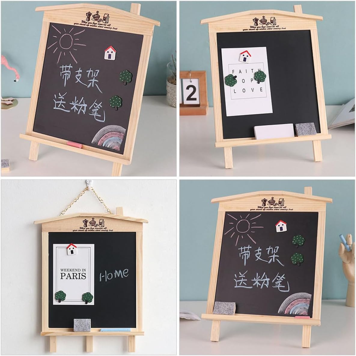 CALLARON Magnetic Wooden House Chalkboard Erasable Message Board with Hanging Stand Decorative Multi-Function Household Chalk Board for Kitchen and Office Use