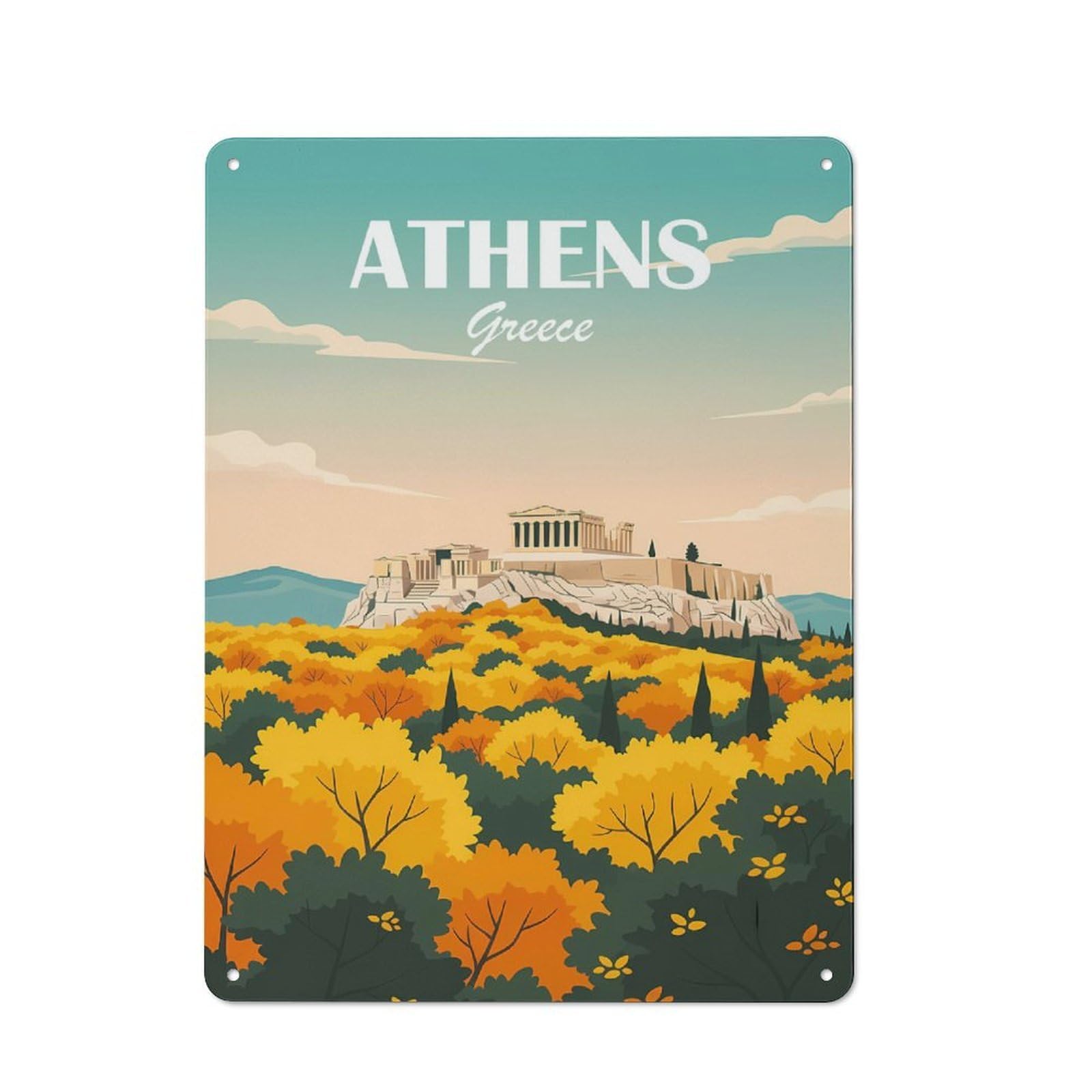 Junmoney Athens Greece Decorative Tin Sign With Design 40X30cm, Nostalgic Old Style Wall Plaque For Living Room, Hallway, Kitchen Or Cafe