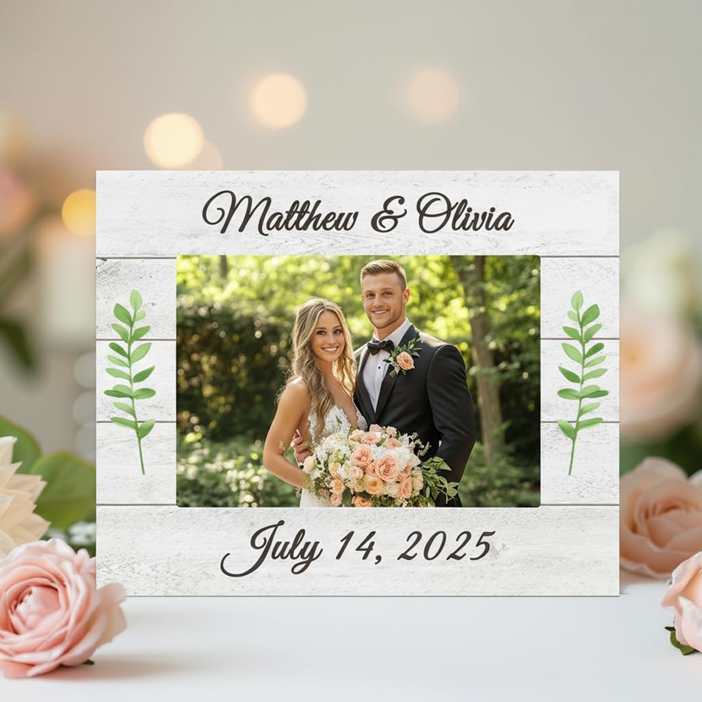 Personalized Wedding Picture Frame – Custom Names and Date – Distressed Rustic White Shiplap Style Wood Photo Frame – Bridal Shower Gift for Bride, Wedding Gift for Couples, Engagement Party Personalized Photo Frame - 5x7 Vertical