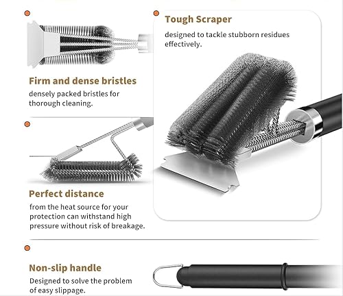 Katomi 3 in 1 Grillbürste Edelstahl mit Schaber, 45.8cm Langer Griff Grillreiniger, Hitzebeständige Reinigungsbürste für Gasgrill, Holzkohlegrill & Gussrost, Sicheres BBQ Grillzubehör