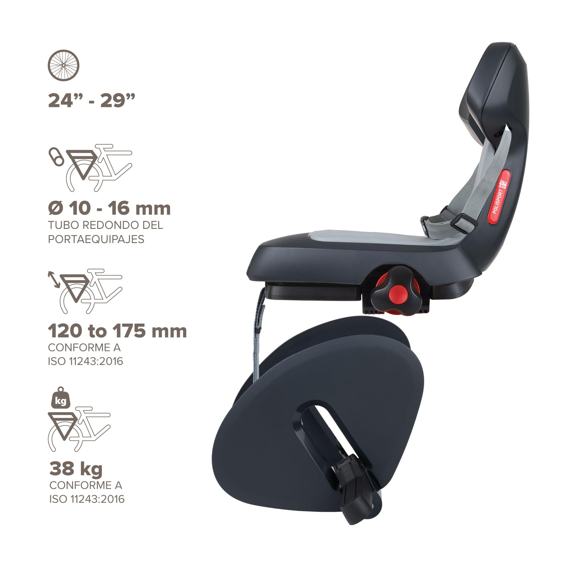 Polisport Guppy Junior Silla De Bicicleta Trasera para Niños, Gris Oscuro, hasta 35 Kg – Cómoda, Segura, Premiada – Silla De Bicicleta para Niños, Compatible con Portaequipajes