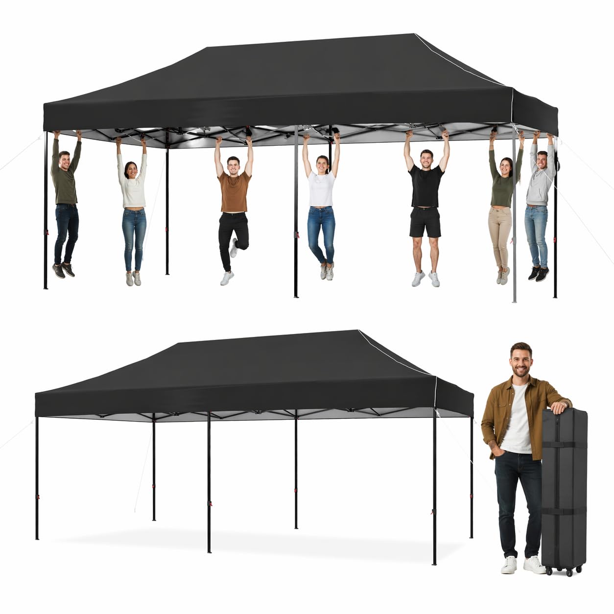 Aoxun Pop Up Gazebo 3m x 6m Waterproof Outdoor Canopy with Wheeled Carrybag,6 Weight Bags, 8 Stakes and 4 Ropes, Heavy Duty Instant Shelter for Garden Party BBQ, Black