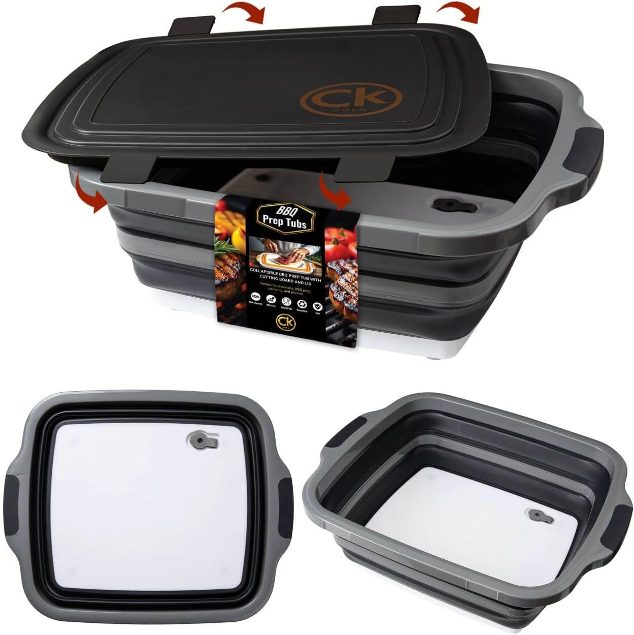 Collapsible BBQ Prep Tub - Includes Cutting Board, LOCKING Lid & Strong Drain Hole for Meal Prep & Marinating | BPA-Free, Food-Grade BBQ & Meat Prep Tubs, Best Grilling Gifts (Black, 8 L)