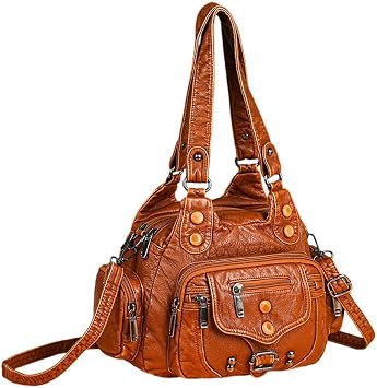 Handbag Leather Crossbody Bag Shoulder Bag Rivet Satchel Wallet with Strap for Women Brown