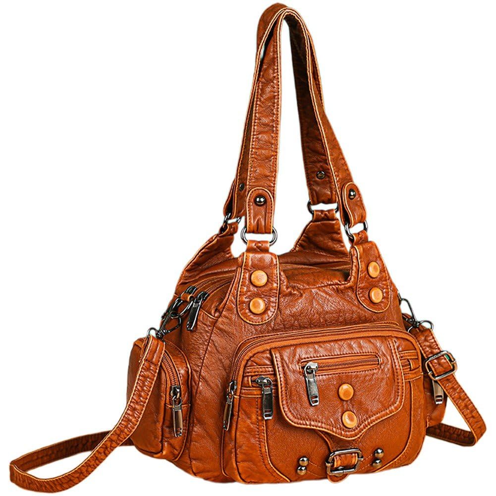 Sanfly Handbags for Women Washed Leather Crossbody Bag Hobo Shoulder Bag Stylish Rivet Satchel Purse with Crossbody Strap