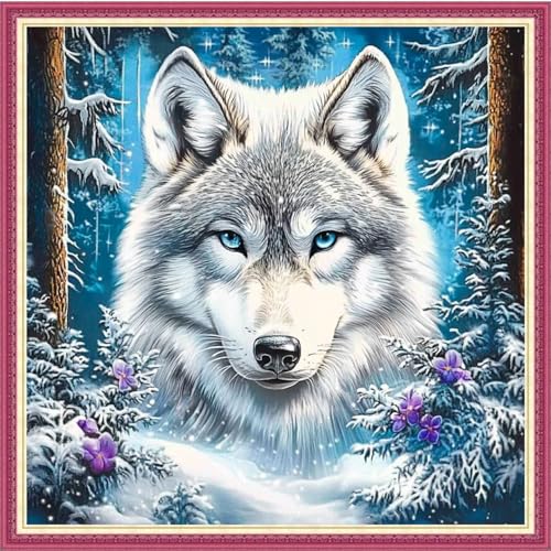 Image of Fanxvivy Stamped Cross Stitch Kits for Beginners Full Range of Cross Stitching Preprinted Embroidery Kits for Adults, 11CT Embroidery Pattern Needlepoint Kits-Forest Snow Wolf 18x18 inch