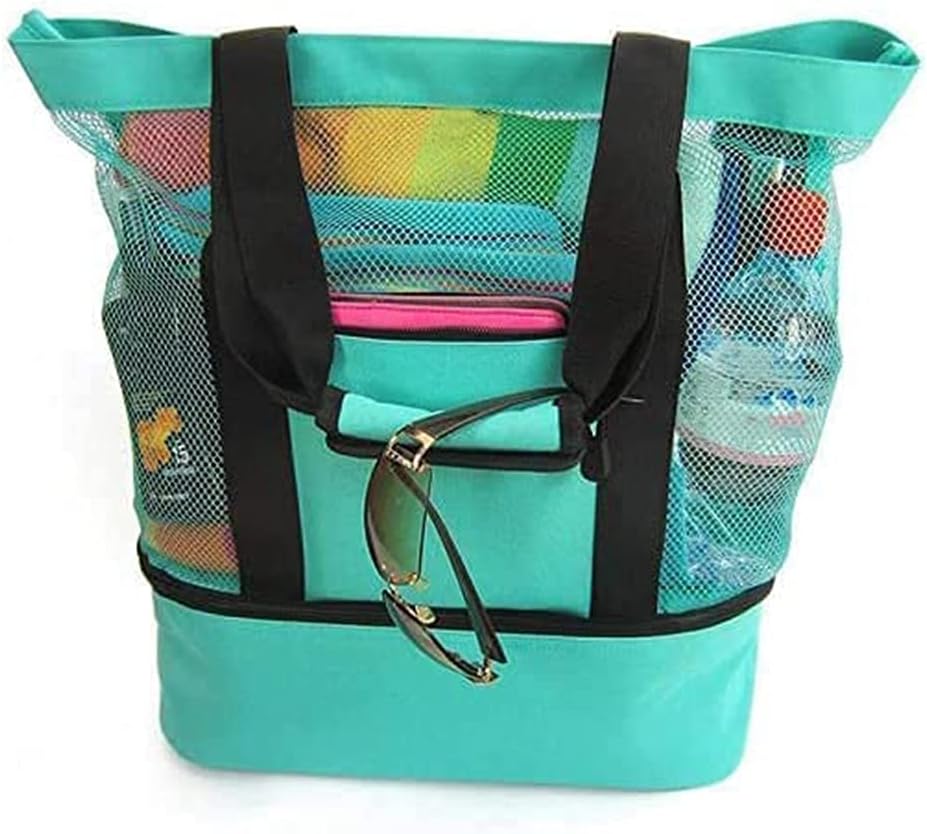 Mesh Beach Tote Bag with Insulated Cooler Compartment, Extra Large Pool Picnic Cooler Bag with Zipper Closure, Beach Bag,Picnic Bag(Green) - Image 4