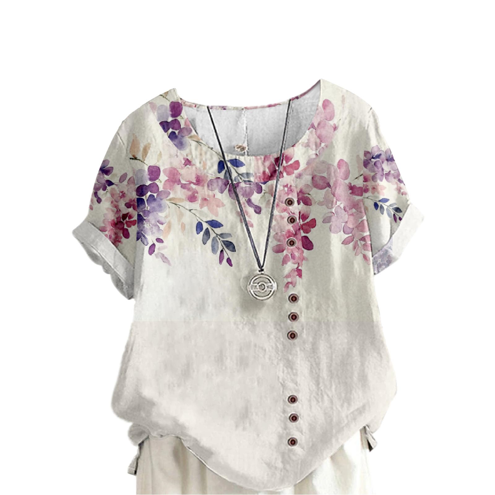 Women's Cotton Linen Tops Ladies Button Boho Floral Printed Crewneck Short Sleeve Shirts Summer Vacation Blouse