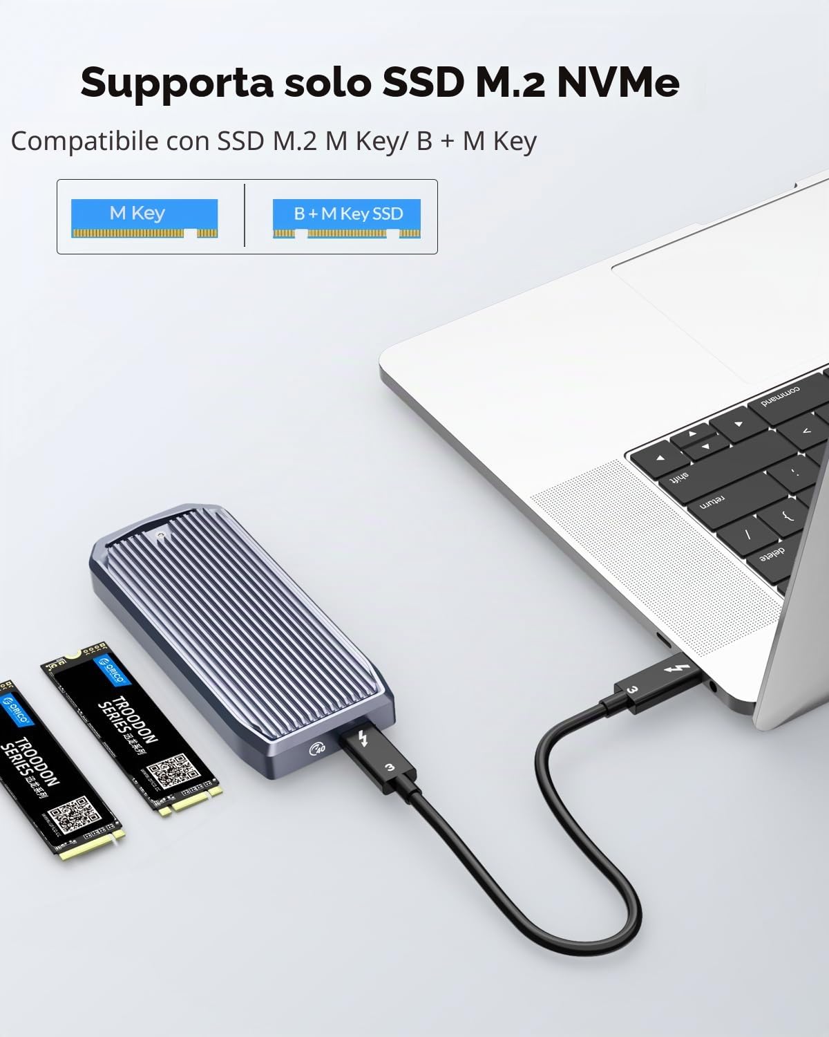 ORICO Case SSD M.2 NVMe 40Gbps fino a 3700MB/s, case in alluminio per SSD NVMe PCIe M-Key 2280/2260/2242/2230, compatibile con USB4/Thunderbolt 3/4 USB3.2/3.1/3.0/Type-C - M2V01